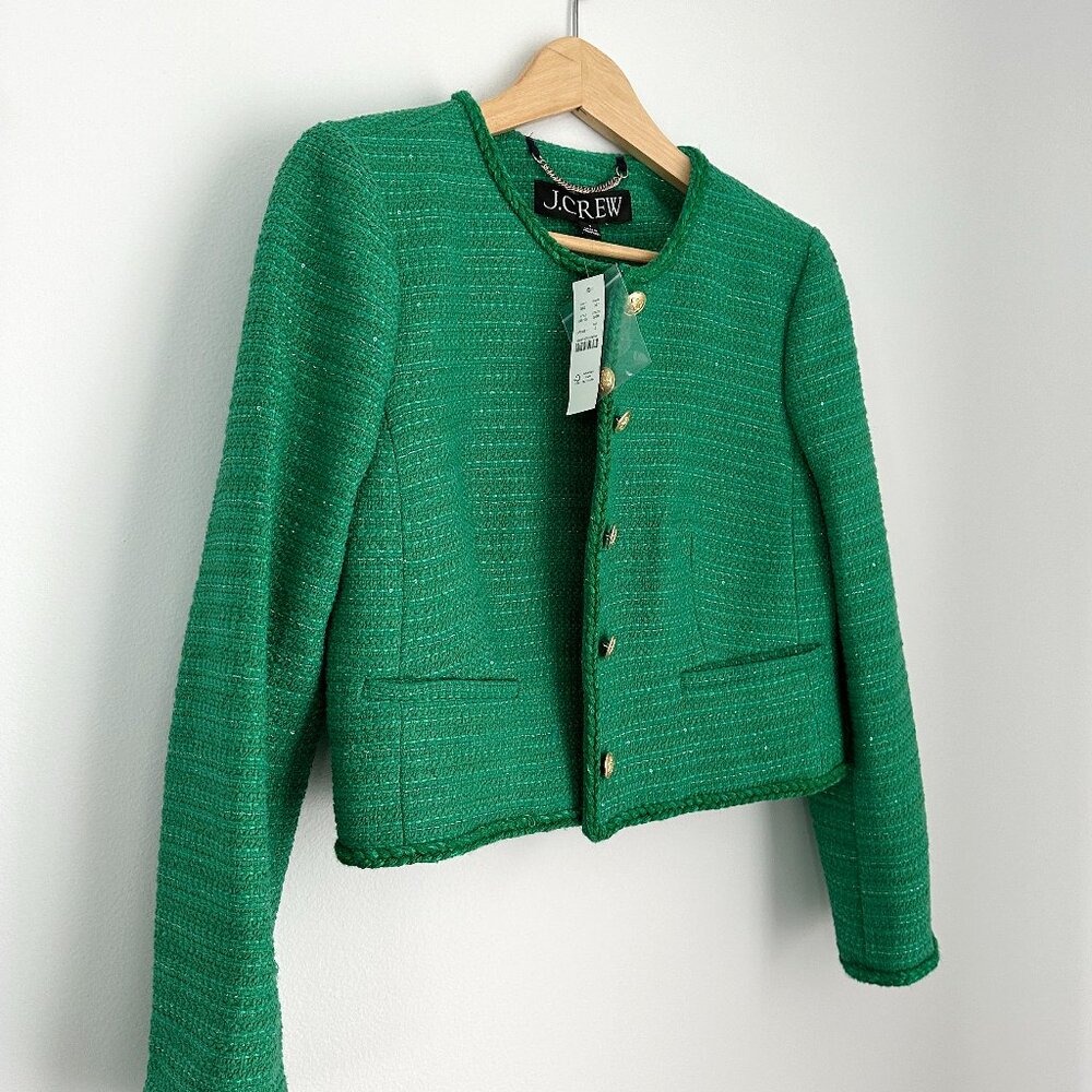 J. Crew Louisa lady jacket in sequin tweed green NWT Size 2